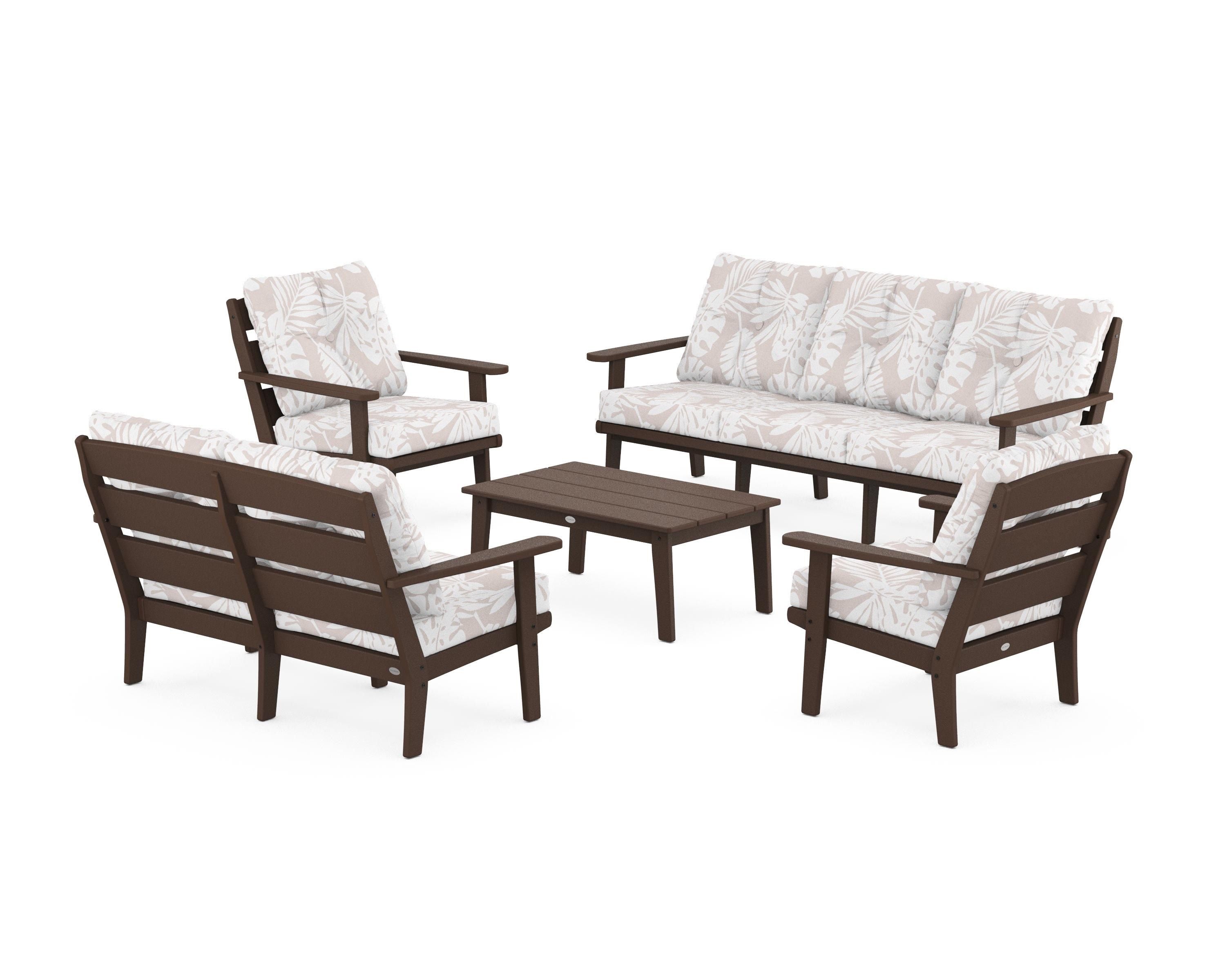 POLYWOOD® Lakeside 5-Piece Lounge Sofa Set in Mahogany / Leaf Dune Burlap
