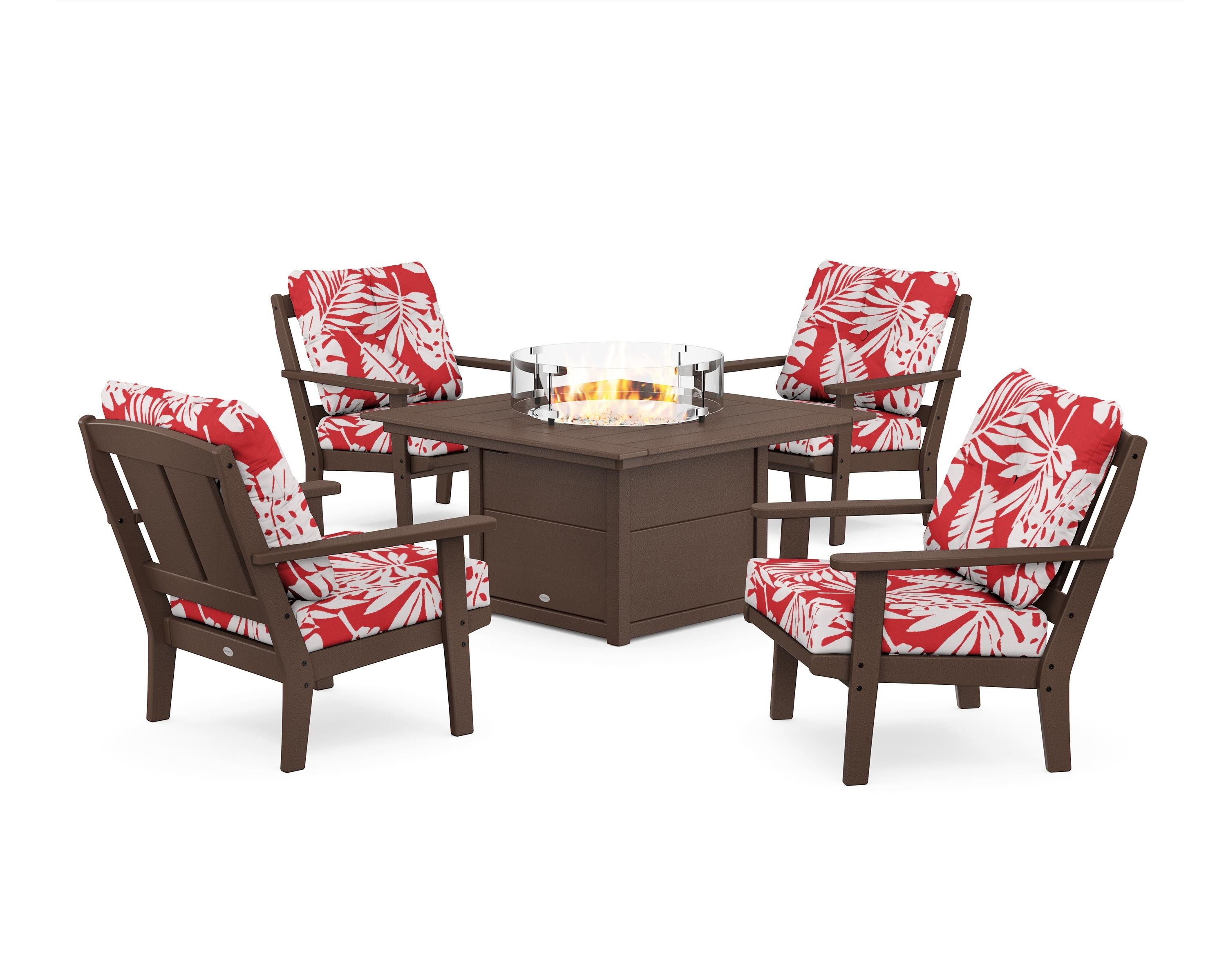 POLYWOOD® Mission 5-Piece Deep Seating Set with Fire Pit Table in Mahogany / Leaf Crimson