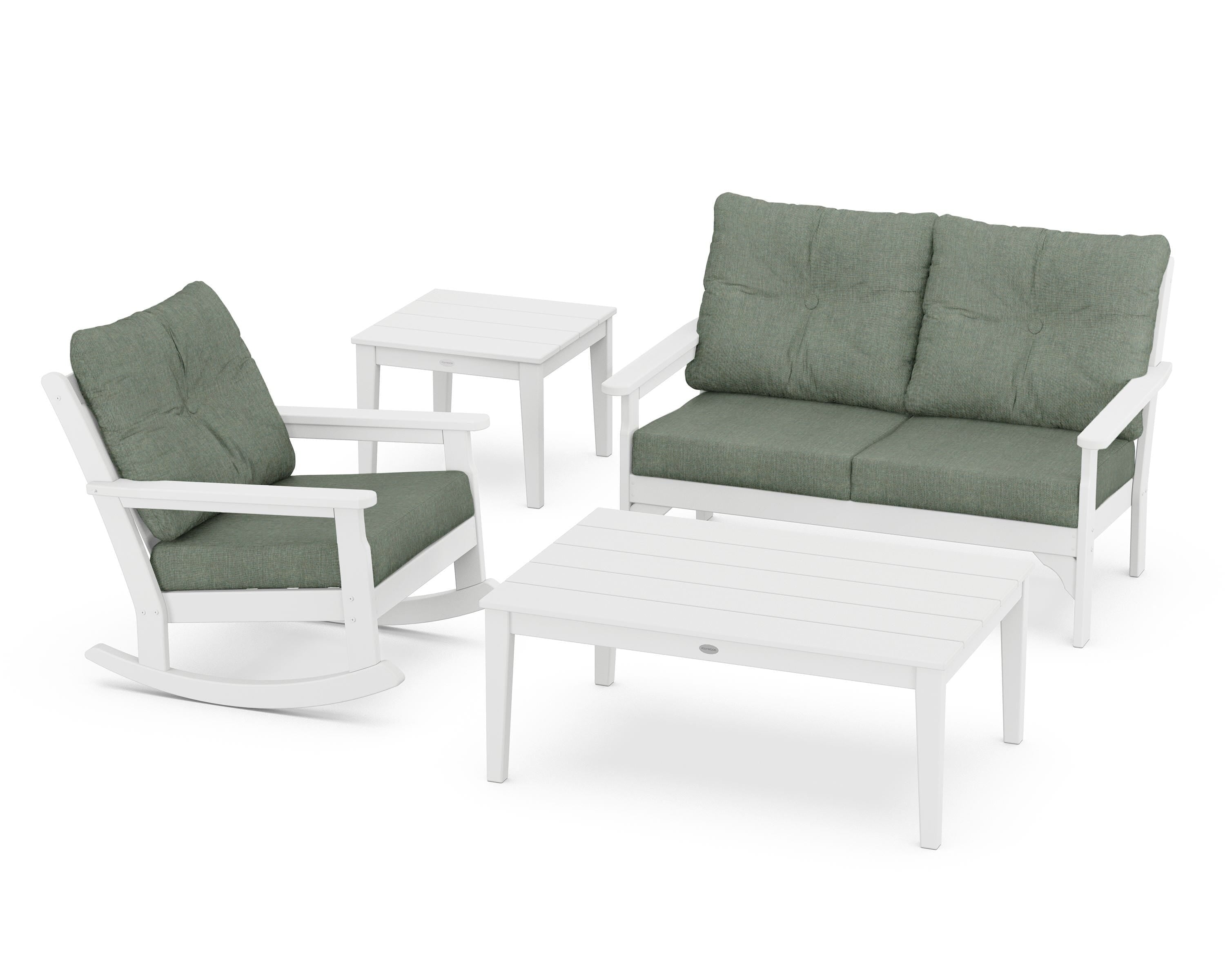 POLYWOOD® Vineyard 4-Piece Deep Seating Rocker Set in White / Cast Sage