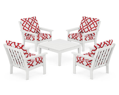 POLYWOOD® Vineyard 5-Piece Deep Seating Conversation Set in White / Trellis Crimson