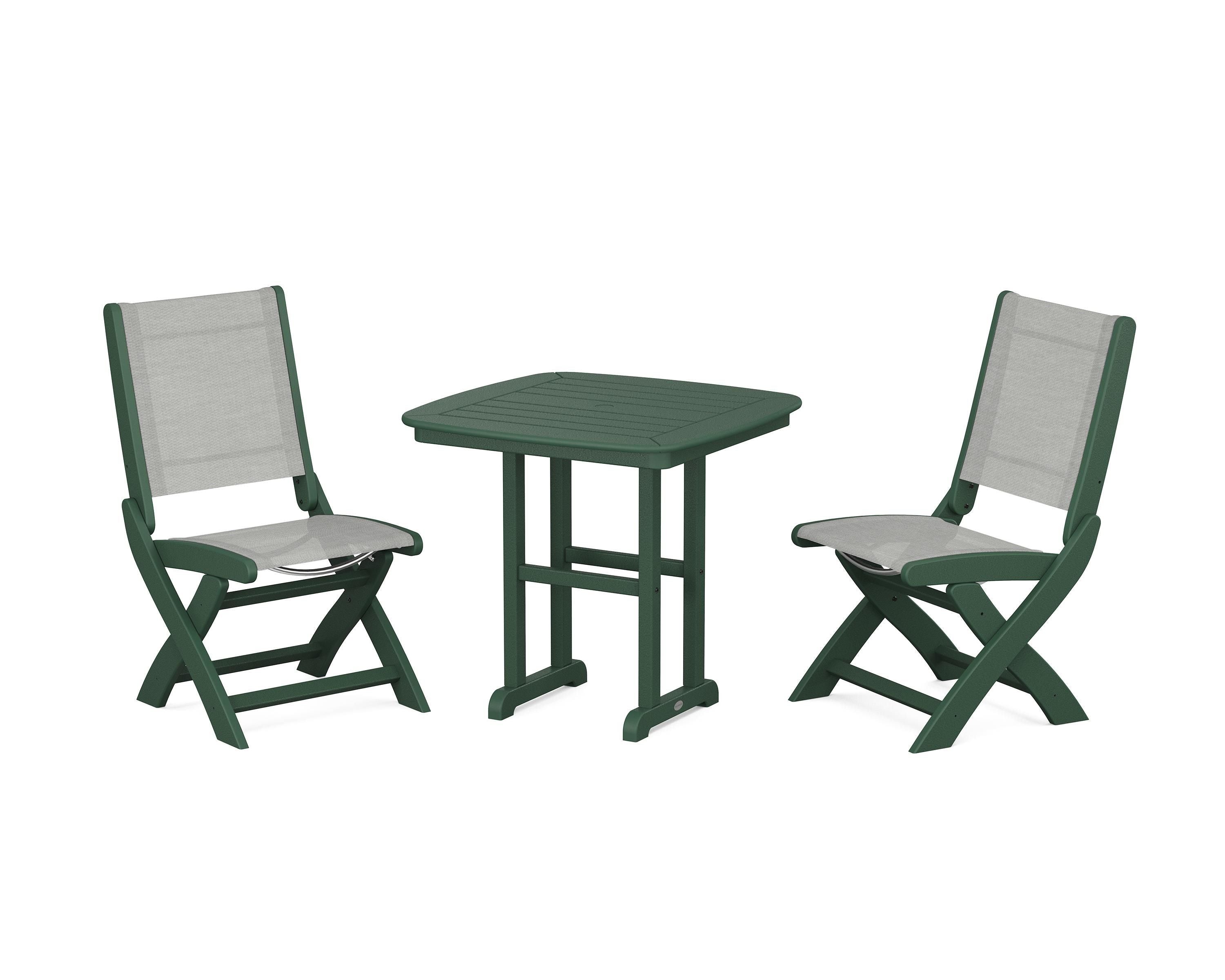 POLYWOOD® Coastal Folding Side Chair 3-Piece Dining Set in Green / Metallic Sling