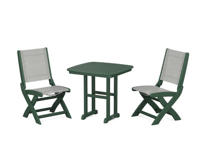 POLYWOOD® Coastal Folding Side Chair 3-Piece Dining Set in Green / Metallic Sling