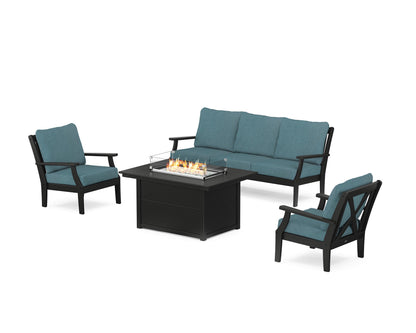 POLYWOOD® Braxton Deep Seating Fire Pit Table Set in Black / Ocean Teal