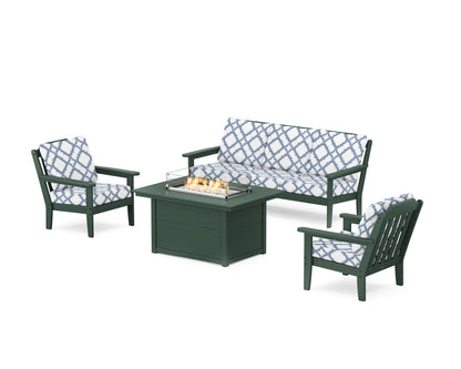 Country Living Cottage Deep Seating Fire Pit Table Set in Green / Trellis Sky Blue