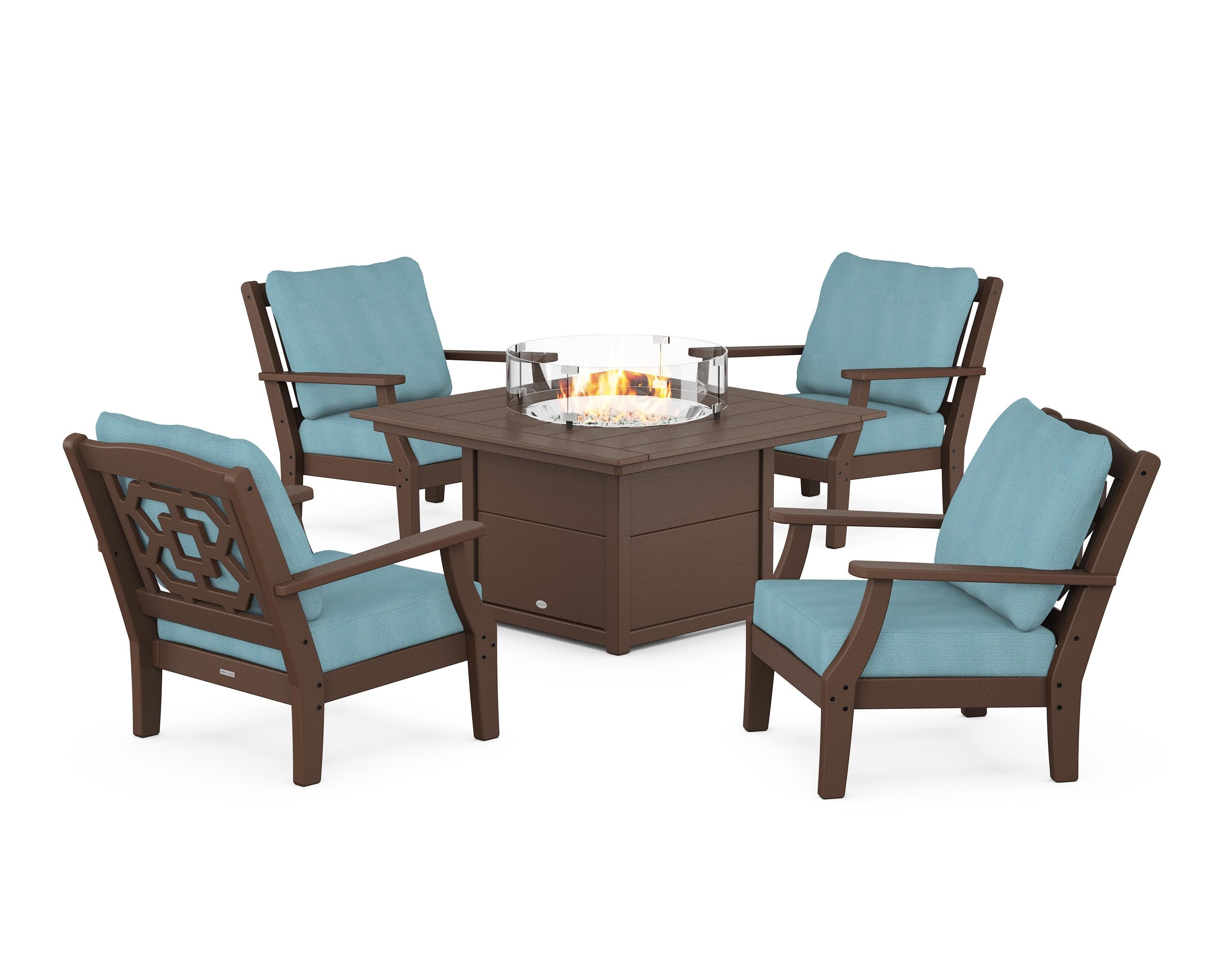 Martha Stewart by POLYWOOD® Chinoiserie 5-Piece Deep Seating Set with Fire Pit Table in Mahogany / Lattice Sky Blue