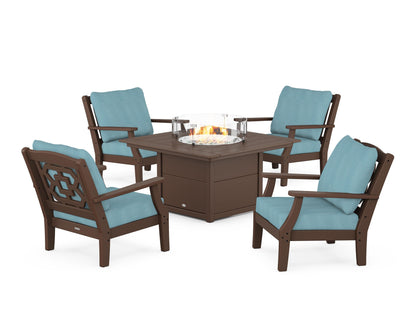 Martha Stewart by POLYWOOD® Chinoiserie 5-Piece Deep Seating Set with Fire Pit Table in Mahogany / Lattice Sky Blue