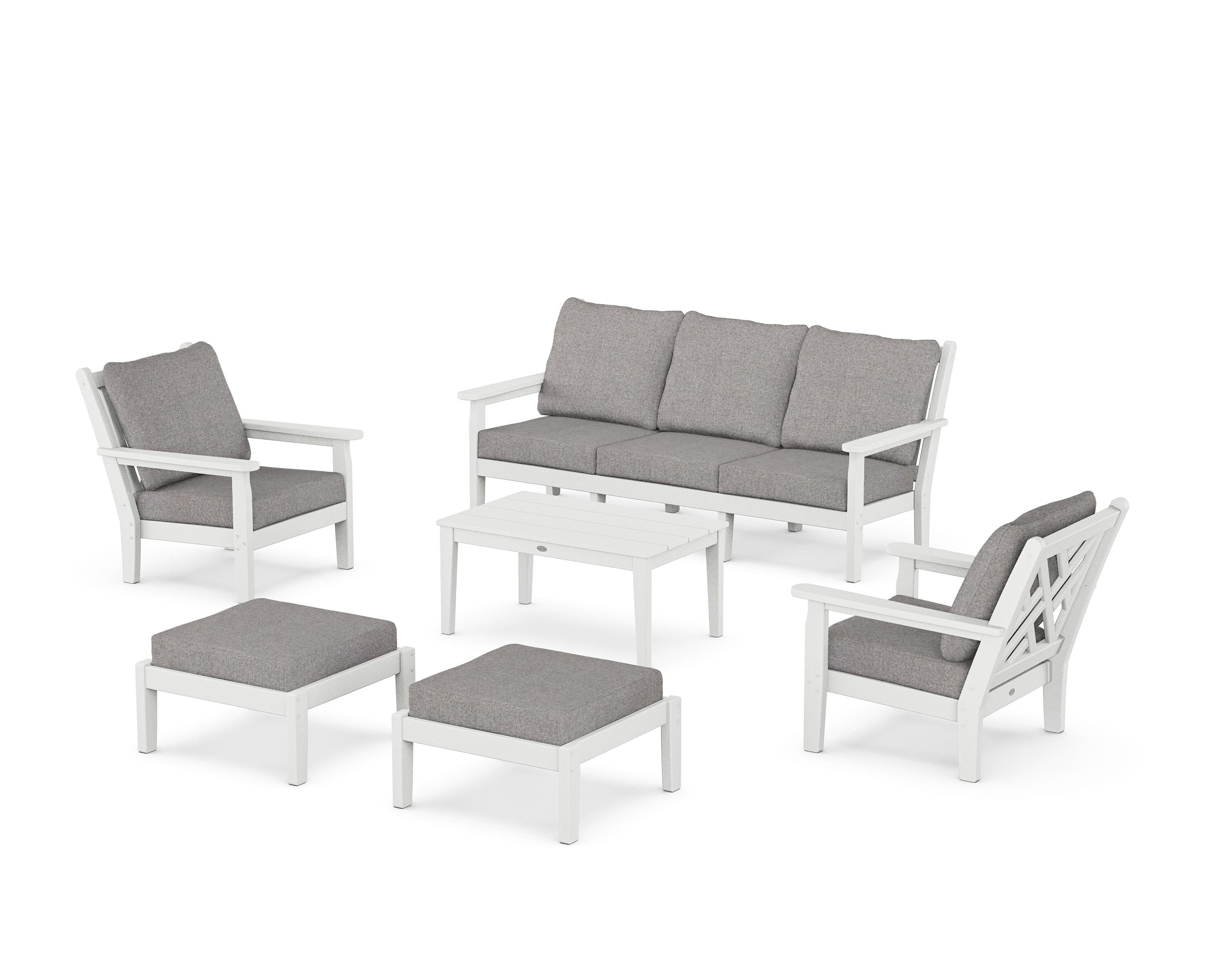 POLYWOOD® Chippendale 6-Piece Lounge Sofa Set in White / Grey Mist