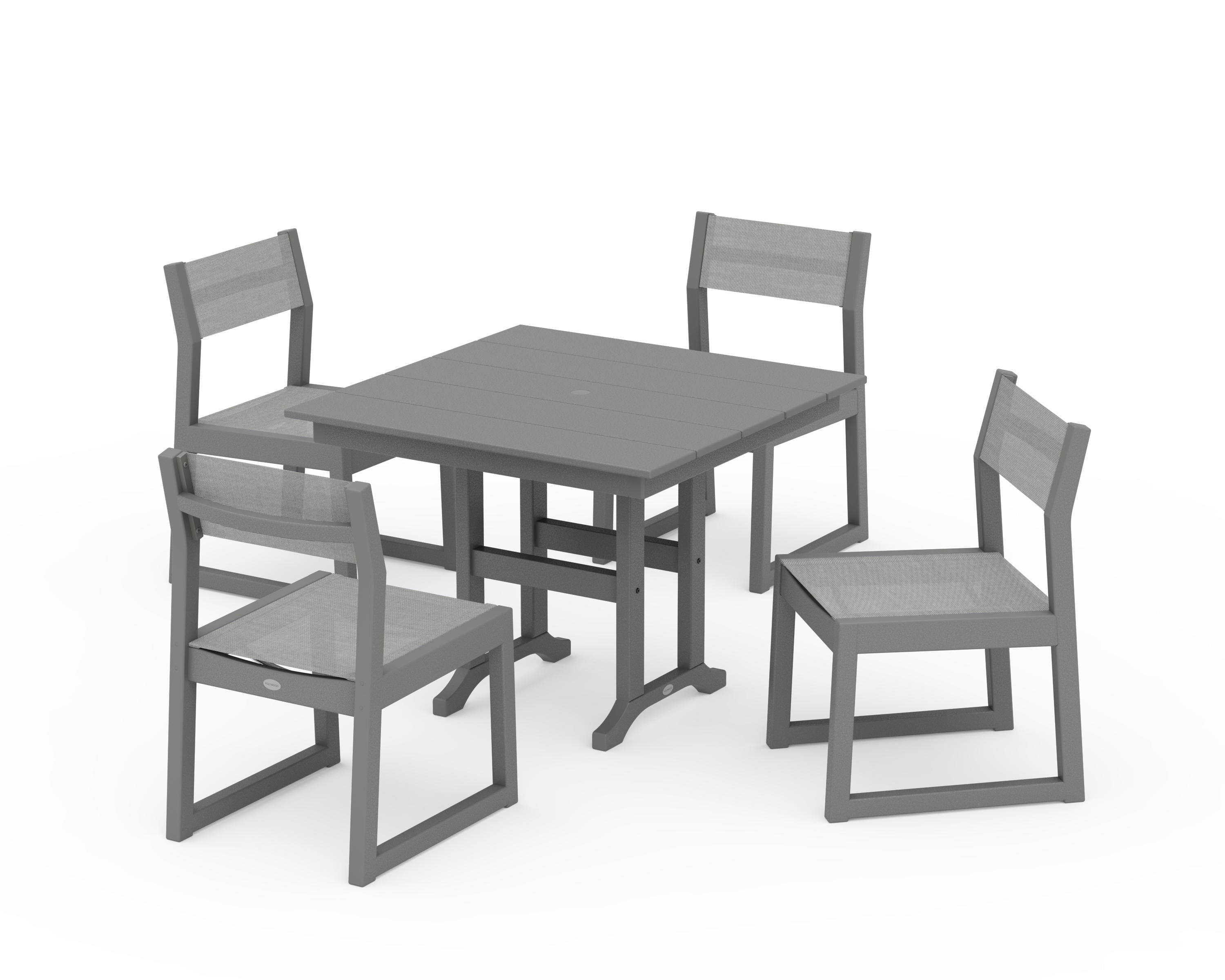 POLYWOOD® EDGE Sling Side Chair 5-Piece Farmhouse Dining Set in Slate Grey / Metallic Sling