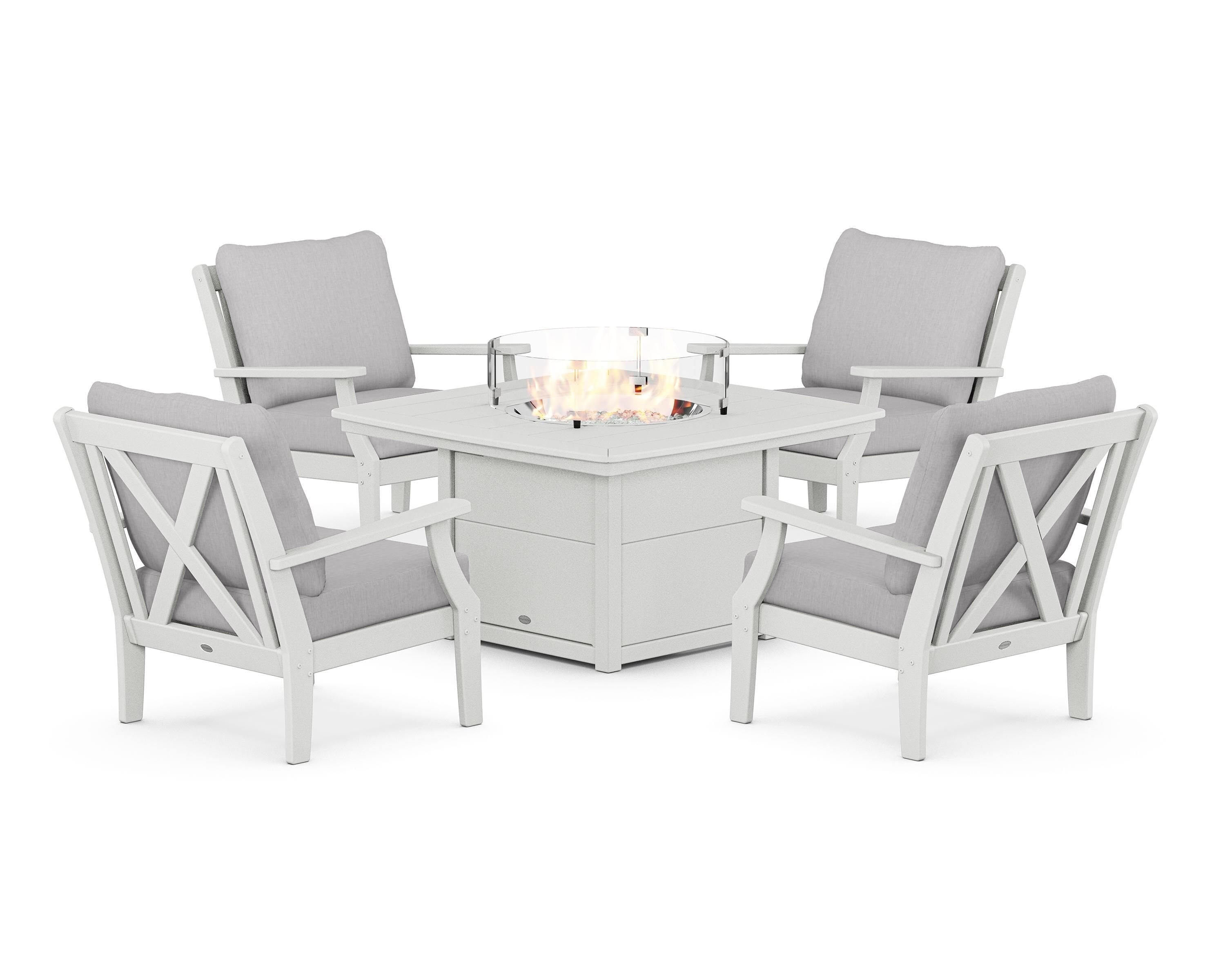 POLYWOOD® Braxton 5-Piece Deep Seating Conversation Set with Fire Pit Table in White / Granite