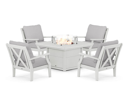 POLYWOOD® Braxton 5-Piece Deep Seating Conversation Set with Fire Pit Table in White / Granite