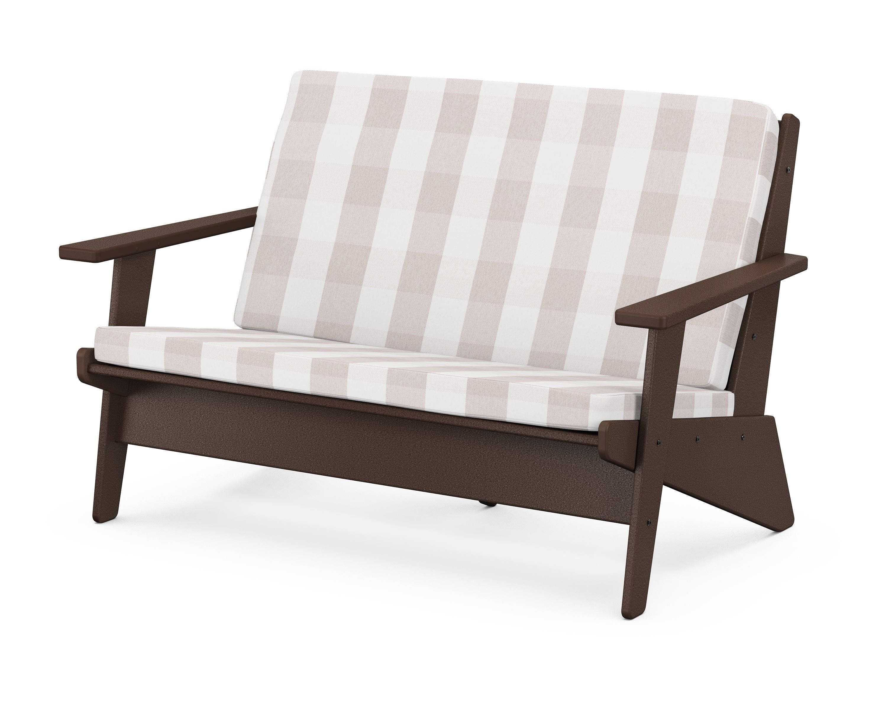 POLYWOOD® Riviera Modern Lounge Loveseat in Mahogany / Buffalo Plaid Dune Burlap