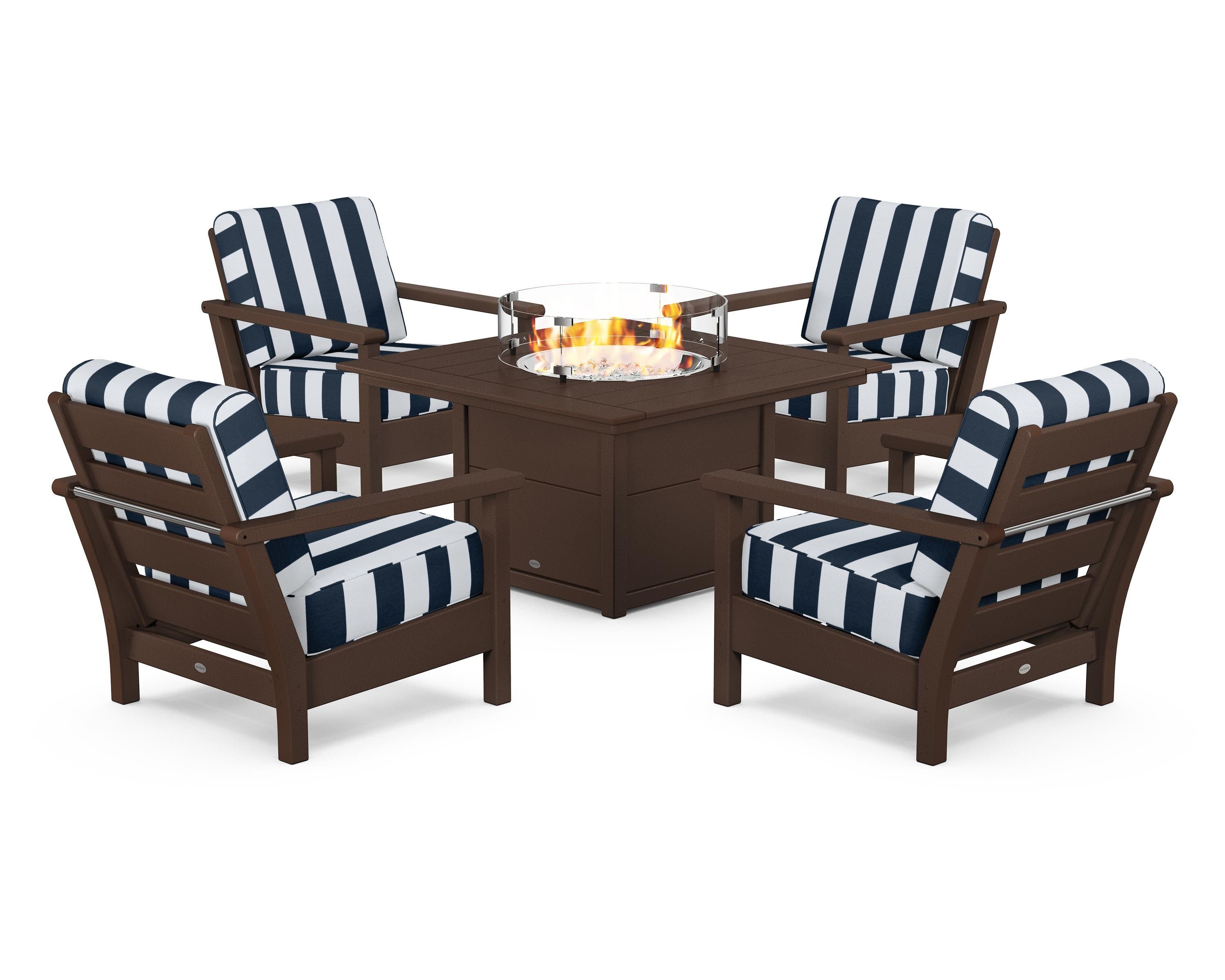 POLYWOOD® Harbour 5-Piece Conversation Set with Fire Pit Table in Mahogany / Cabana Stripe Marine Indigo