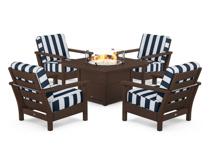 POLYWOOD® Harbour 5-Piece Conversation Set with Fire Pit Table in Mahogany / Cabana Stripe Marine Indigo