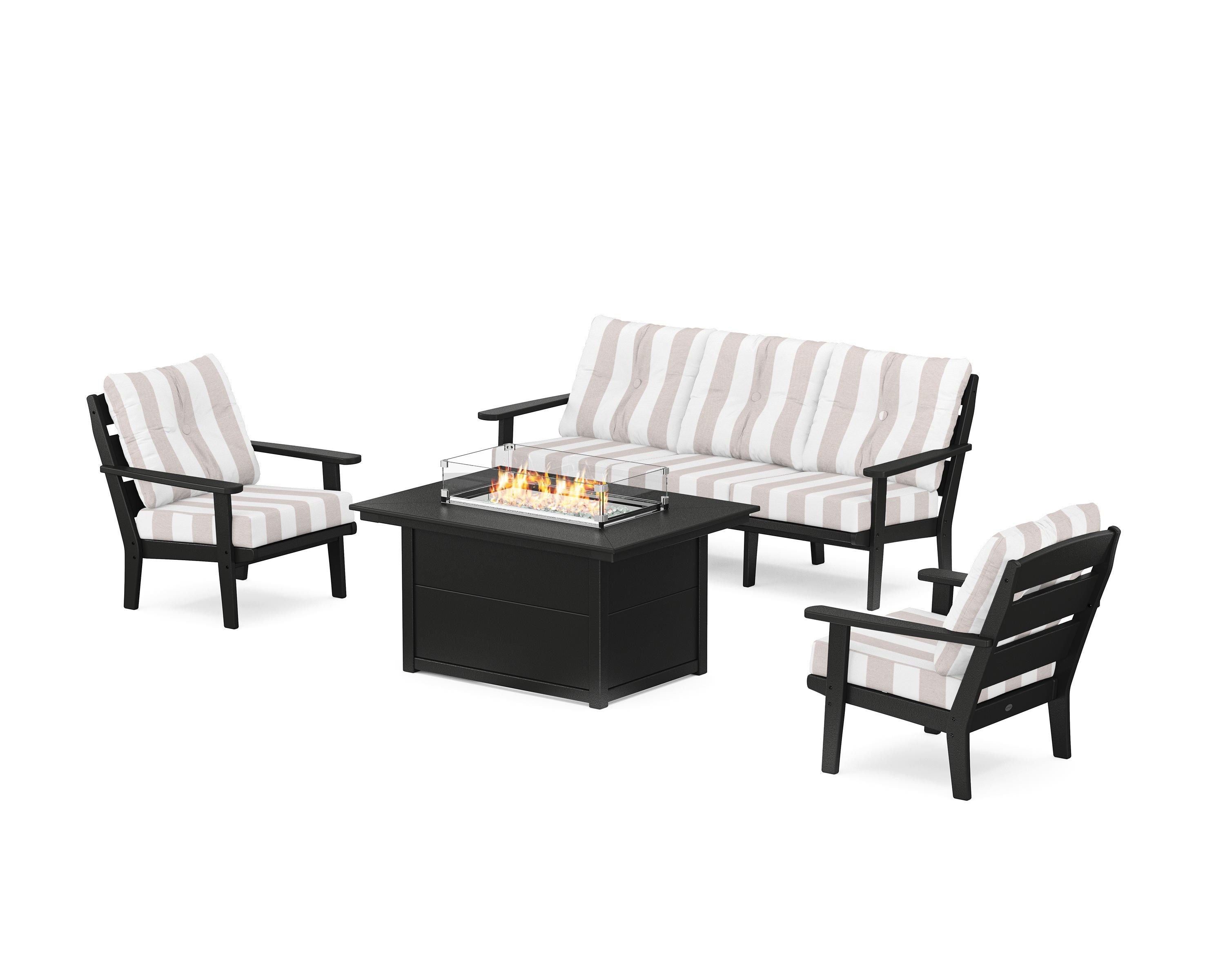 POLYWOOD® Lakeside Deep Seating Fire Pit Table Set in Black / Cabana Stripe Dune Burlap