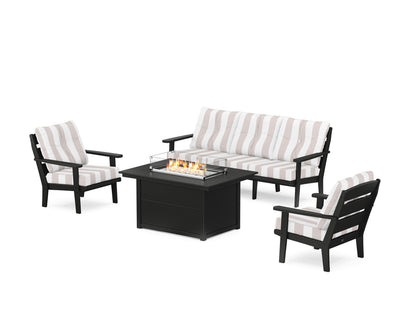 POLYWOOD® Lakeside Deep Seating Fire Pit Table Set in Black / Cabana Stripe Dune Burlap