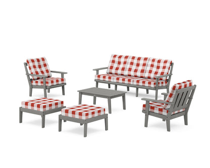 POLYWOOD® Oxford 6-Piece Lounge Sofa Set in Slate Grey / Buffalo Plaid Crimson
