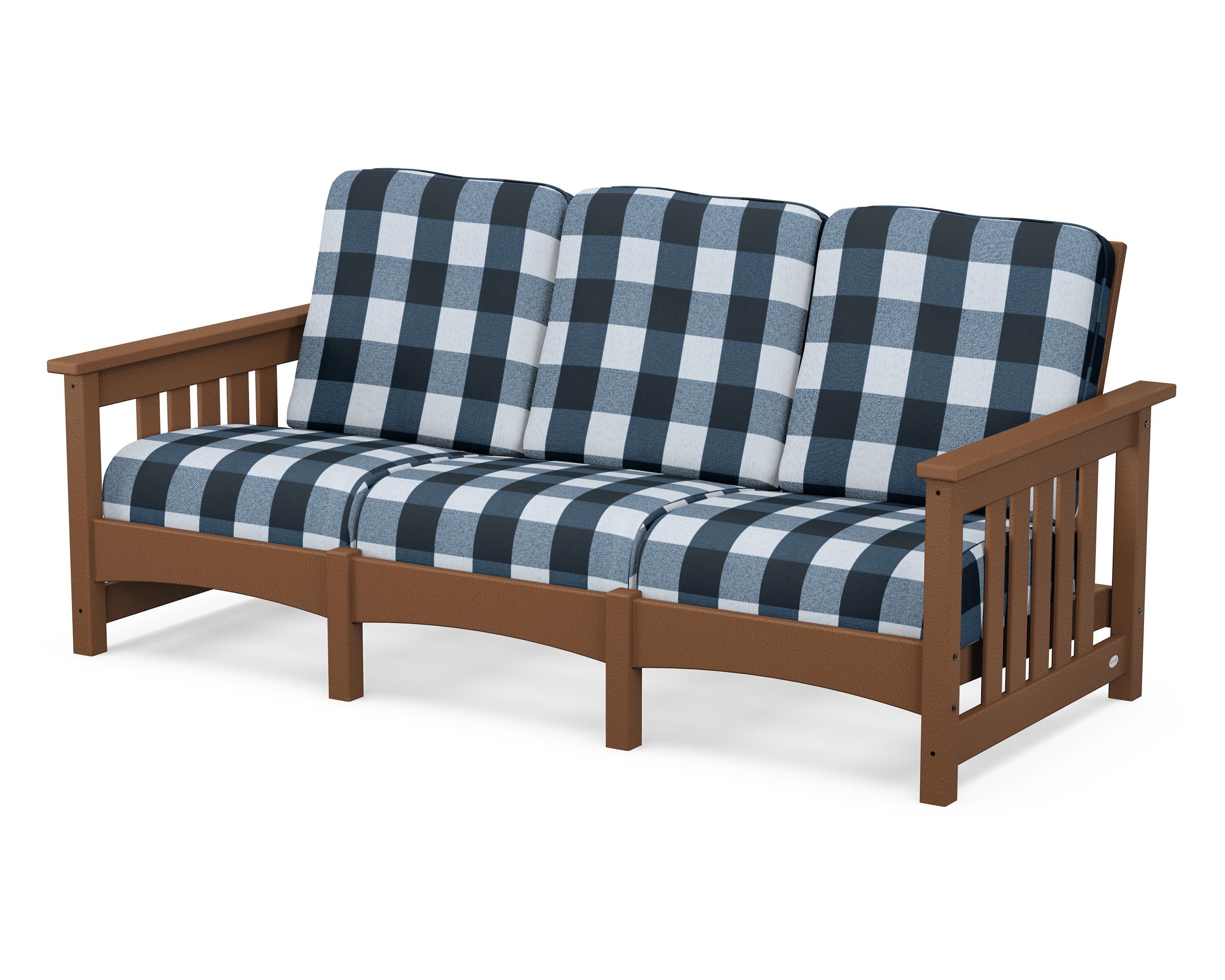 POLYWOOD® Club Mission Sofa in Teak / Buffalo Plaid Marine Indigo