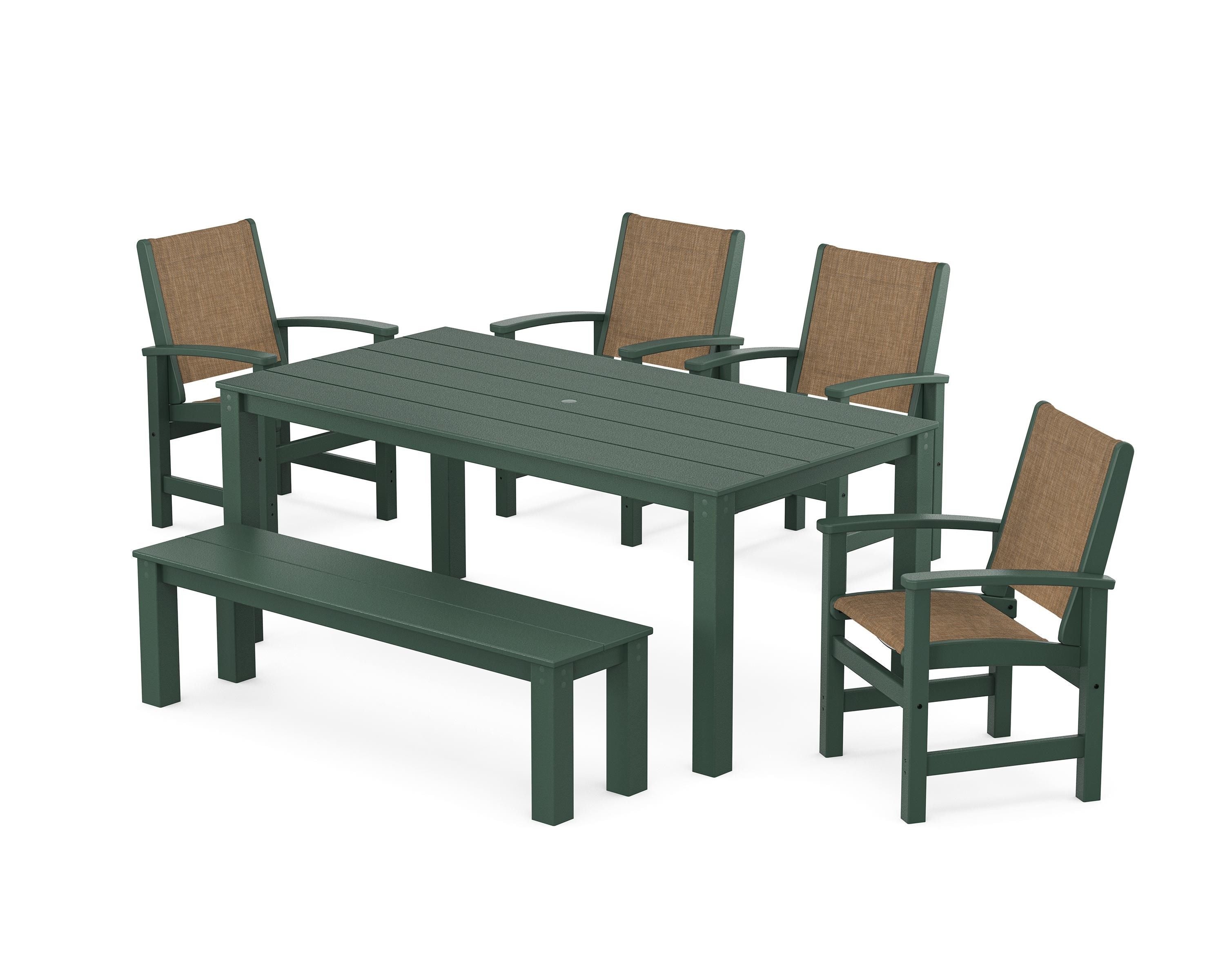 POLYWOOD® Coastal 6-Piece Parsons Dining Set with Bench in Green / Burlap Sling