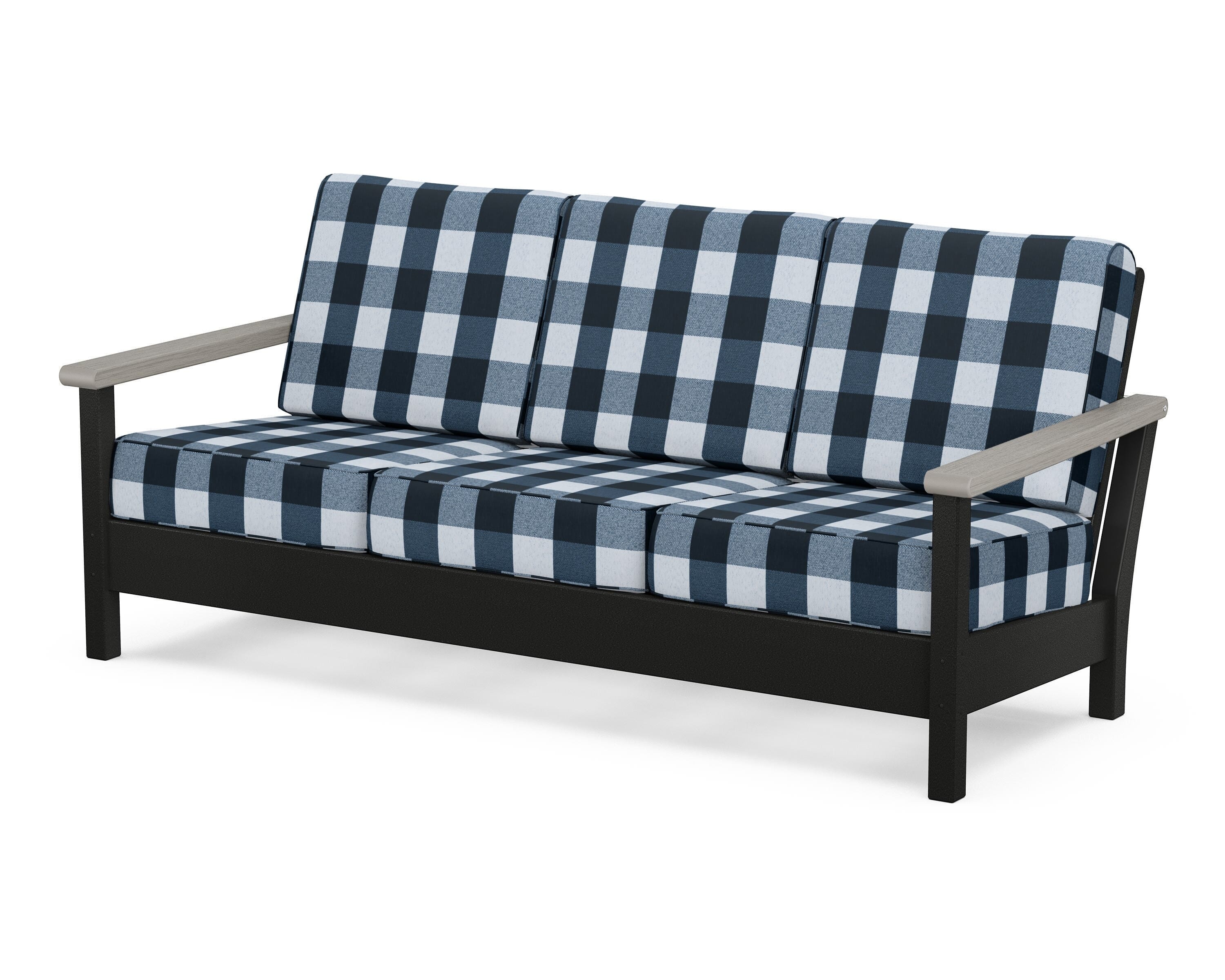 POLYWOOD® Harbour Deep Seating Sofa in Black / Driftwood / Buffalo Plaid Marine Indigo