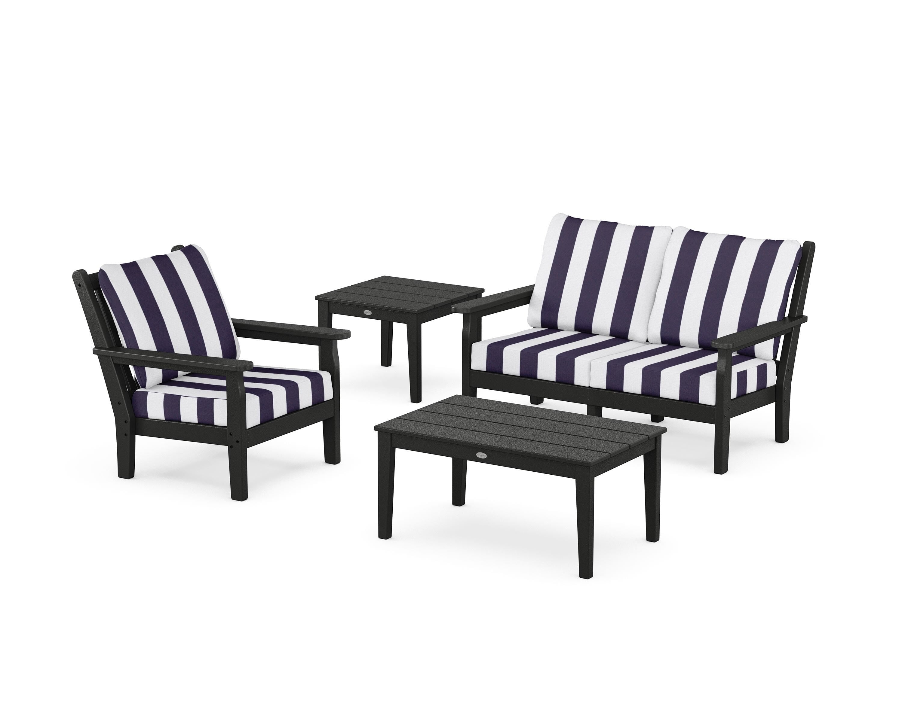 POLYWOOD® Chippendale 4-Piece Deep Seating Set in Black / Cabana Stripe Navy