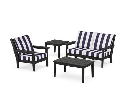POLYWOOD® Chippendale 4-Piece Deep Seating Set in Black / Cabana Stripe Navy