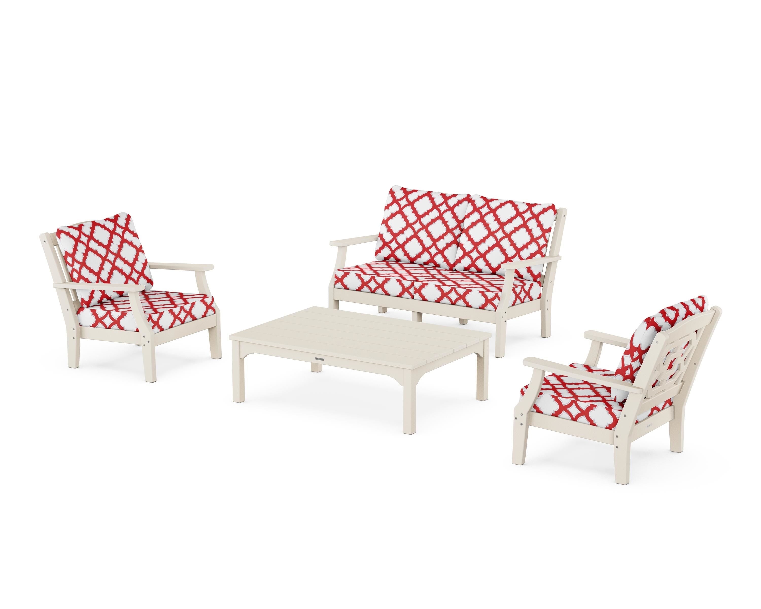 Martha Stewart by POLYWOOD® Chinoiserie 4-Piece Deep Seating Set with Loveseat in Sand / Trellis Crimson