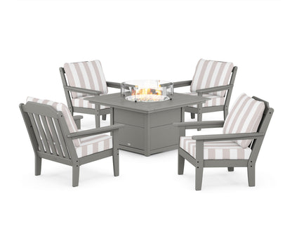 Country Living Cottage 5-Piece Deep Seating Set with Fire Pit Table in Slate Grey / Cabana Stripe Dune Burlap