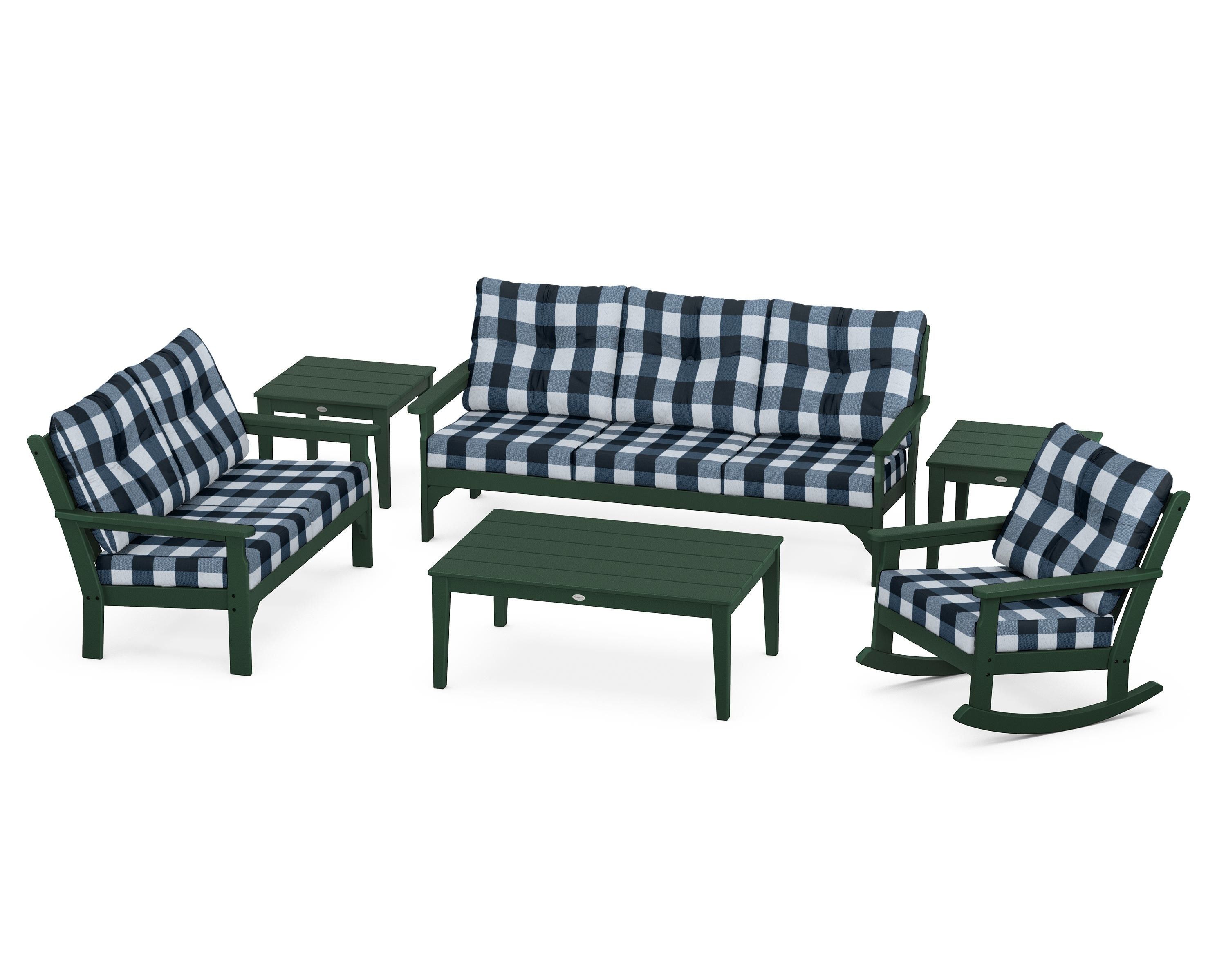 POLYWOOD® Vineyard 6-Piece Deep Seating Set in Green / Buffalo Plaid Marine Indigo