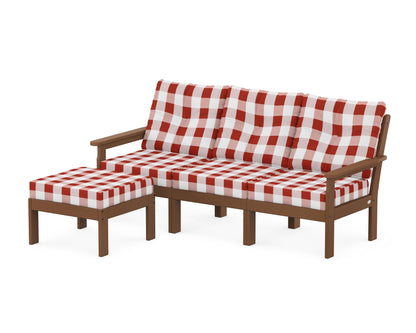POLYWOOD® Vineyard 4-Piece Sectional with Ottoman in Teak / Buffalo Plaid Crimson