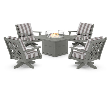 Country Living Wovendale 5-Piece Deep Seating Swivel Conversation Set with Fire Pit Table in Slate Grey / Cabana Stripe Grey Mist