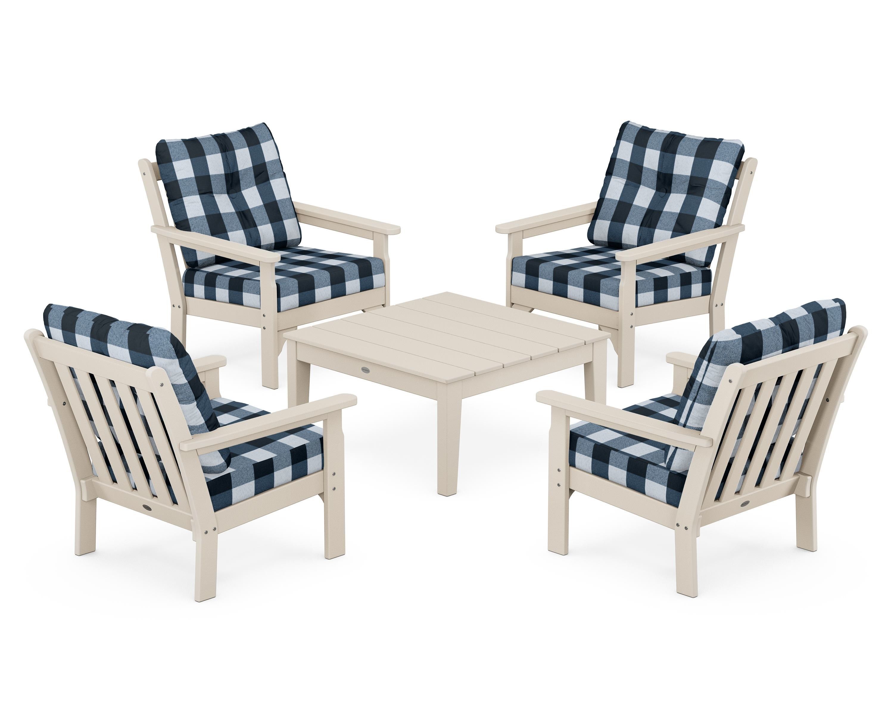 POLYWOOD® Vineyard 5-Piece Deep Seating Conversation Set in Sand / Buffalo Plaid Marine Indigo