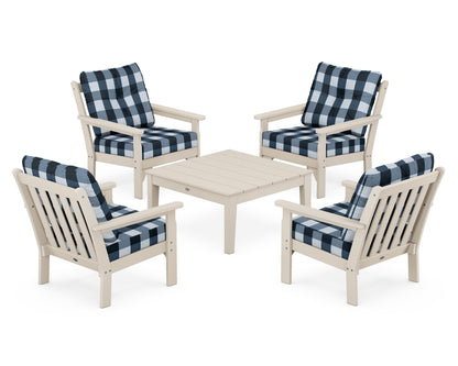 POLYWOOD® Vineyard 5-Piece Deep Seating Conversation Set in Sand / Buffalo Plaid Marine Indigo