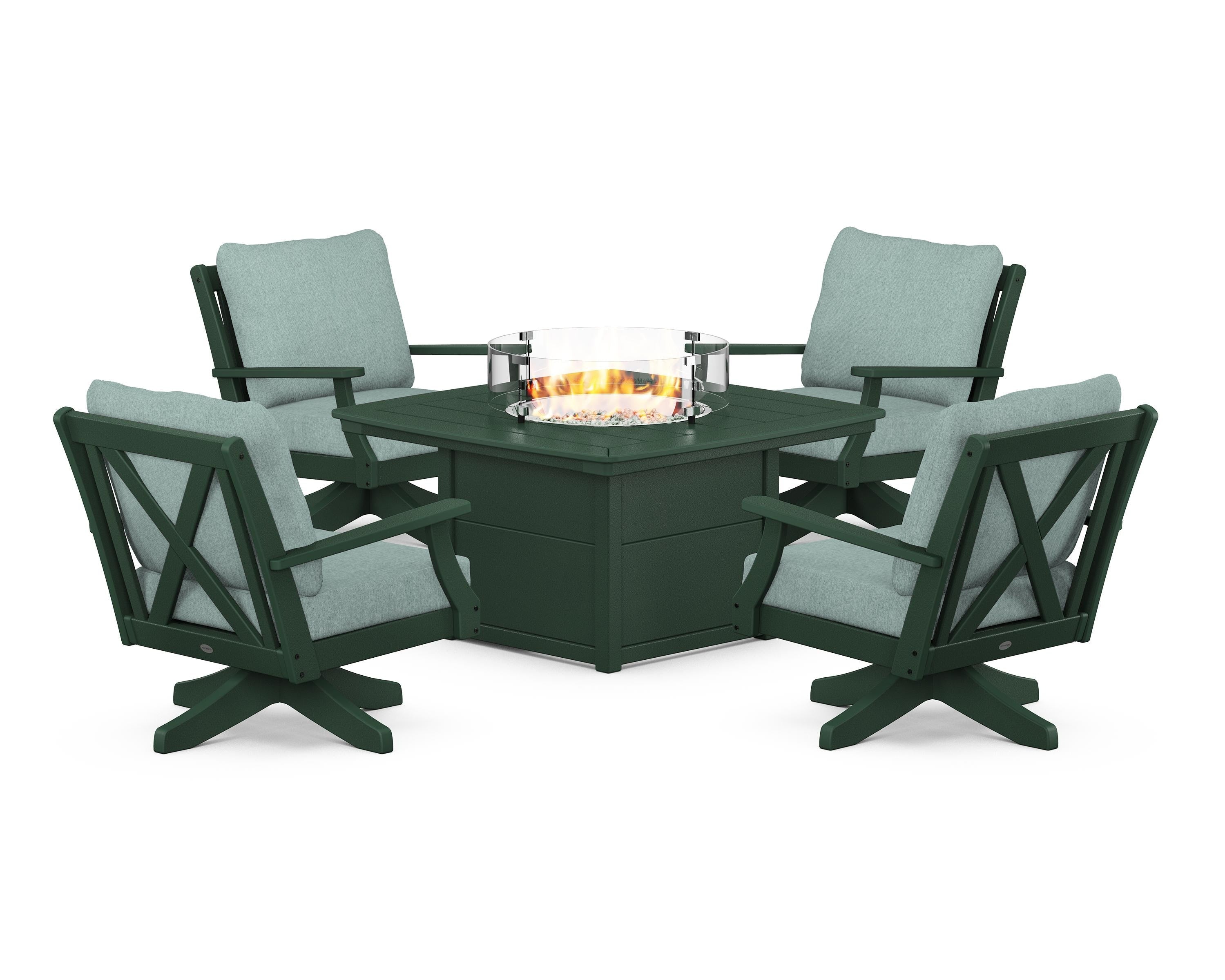 POLYWOOD® Braxton 5-Piece Deep Seating Swivel Conversation Set with Fire Pit Table in Green / Glacier Spa