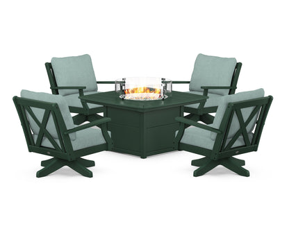 POLYWOOD® Braxton 5-Piece Deep Seating Swivel Conversation Set with Fire Pit Table in Green / Glacier Spa