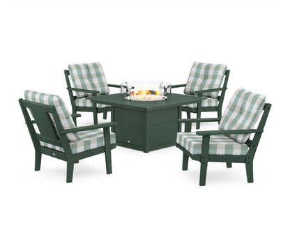 POLYWOOD® Prairie 5-Piece Deep Seating Set with Fire Pit Table in Green / Buffalo Plaid Glacier Spa