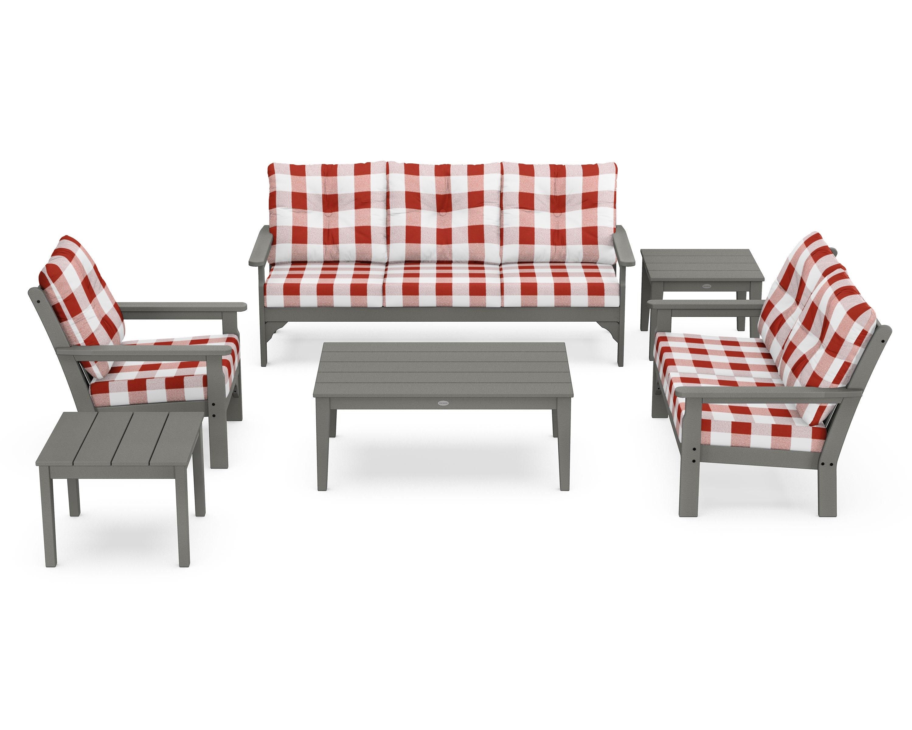 POLYWOOD® Vineyard 6-Piece Deep Seating Set in Slate Grey / Buffalo Plaid Crimson