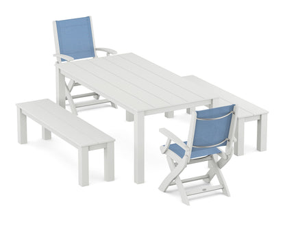 POLYWOOD® Coastal Folding Chair 5-Piece Parsons Dining Set with Benches in White / Poolside Sling