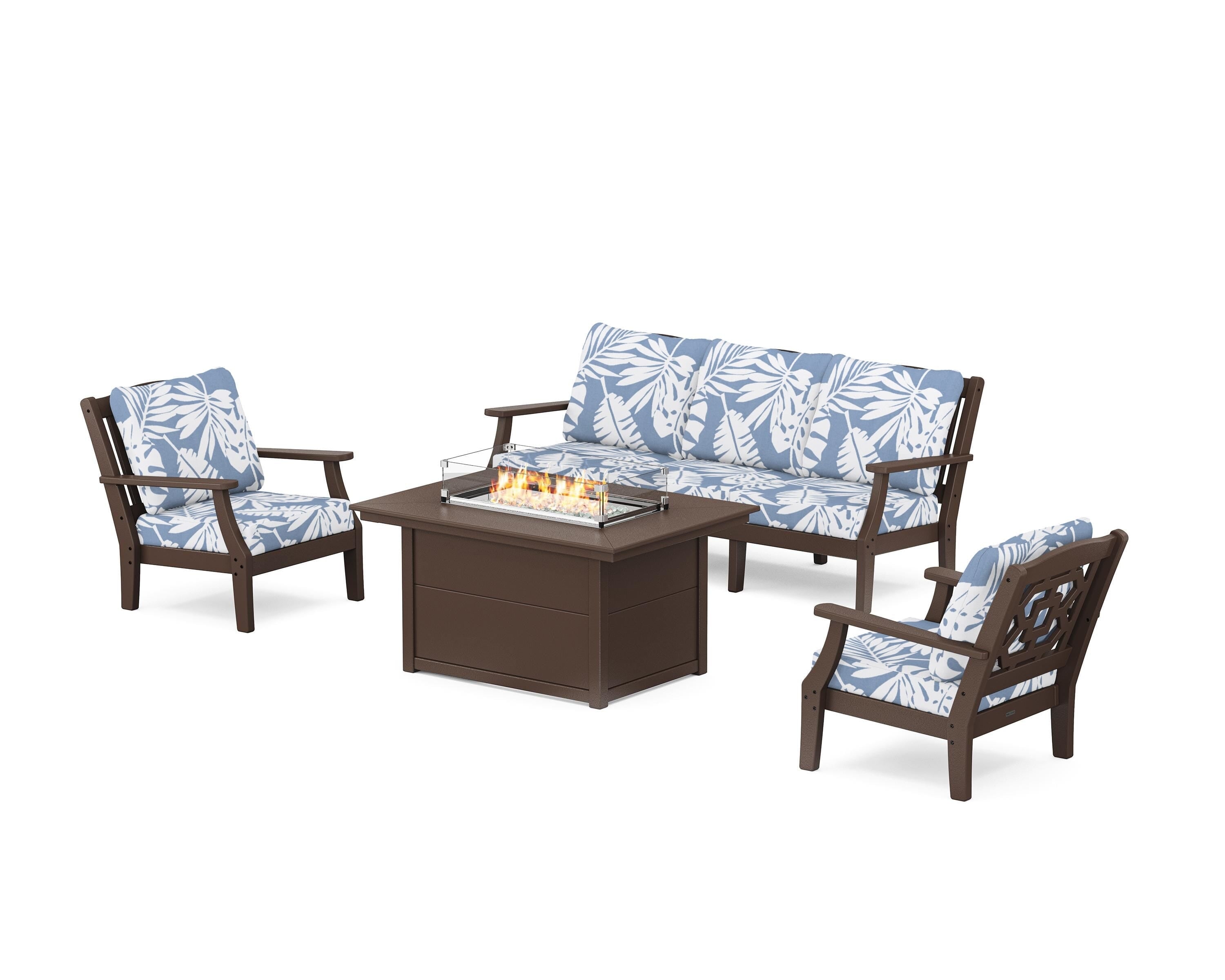 Martha Stewart by POLYWOOD® Chinoiserie Deep Seating Fire Pit Table Set in Mahogany / Leaf Sky Blue