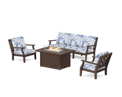 Martha Stewart by POLYWOOD® Chinoiserie Deep Seating Fire Pit Table Set in Mahogany / Leaf Sky Blue