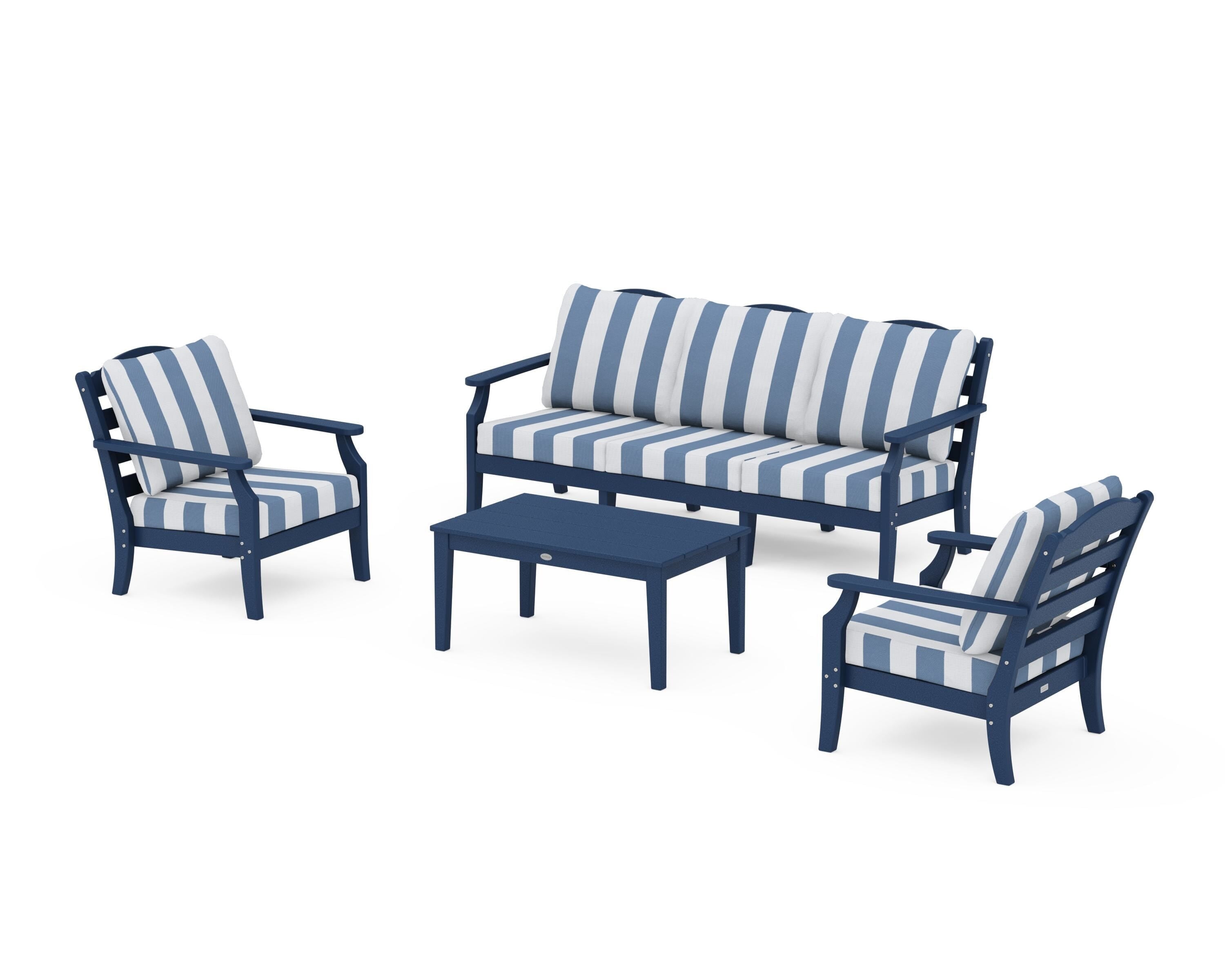 Draper James™ by  POLYWOOD® Savannah 4-Piece Deep Seating Set with Sofa in Navy / Cabana Stripe Sky Blue