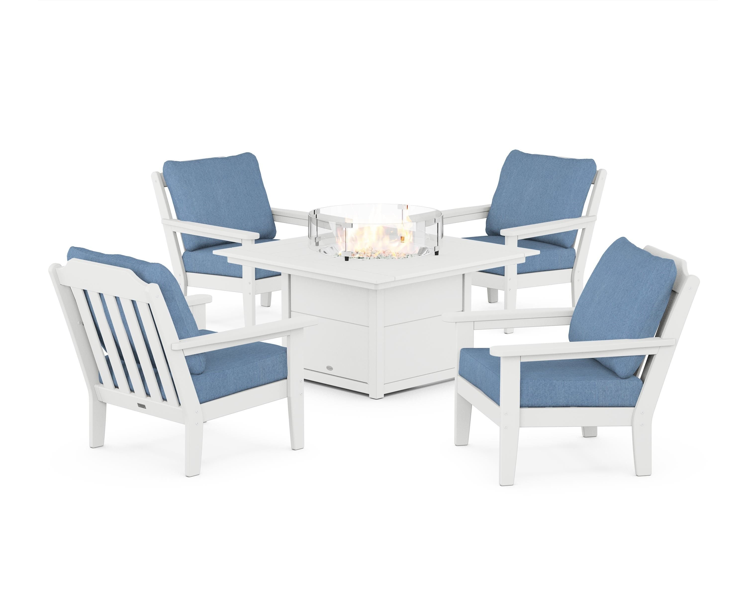 Country Living Cottage 5-Piece Deep Seating Set with Fire Pit Table in White / Sky Blue