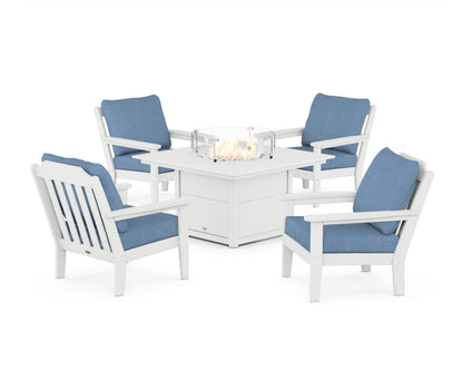 Country Living Cottage 5-Piece Deep Seating Set with Fire Pit Table in White / Sky Blue