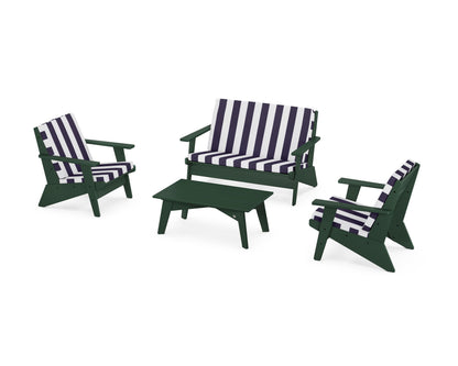 POLYWOOD® Riviera Modern Lounge 4-Piece Set in Green / Cabana Stripe Navy