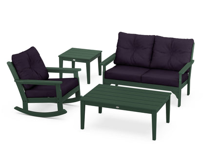 POLYWOOD® Vineyard 4-Piece Deep Seating Rocker Set in Green / Navy Linen