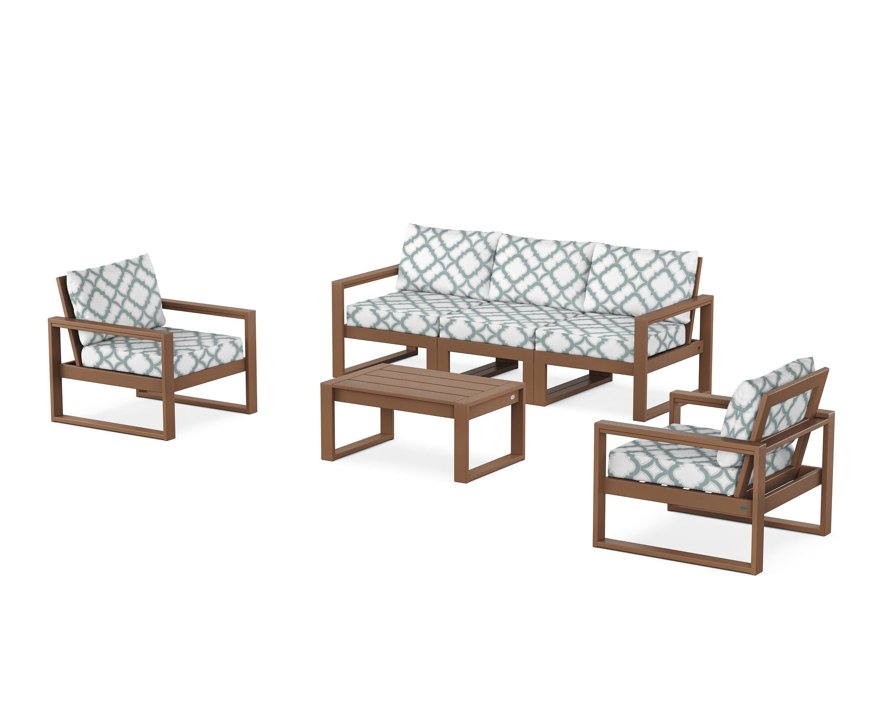 POLYWOOD® EDGE Sectional 4-Piece Deep Seating Set with Sofa in Teak / Trellis Glacier Spa