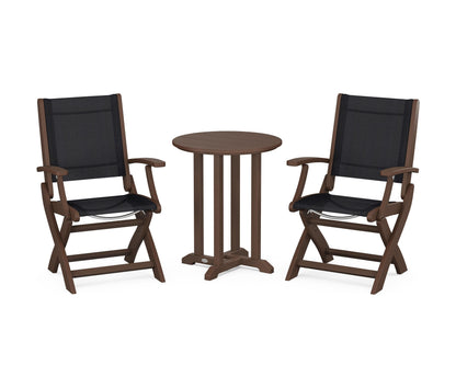 POLYWOOD® Coastal Folding 3-Piece Round Bistro Dining Set in Mahogany / Black Sling