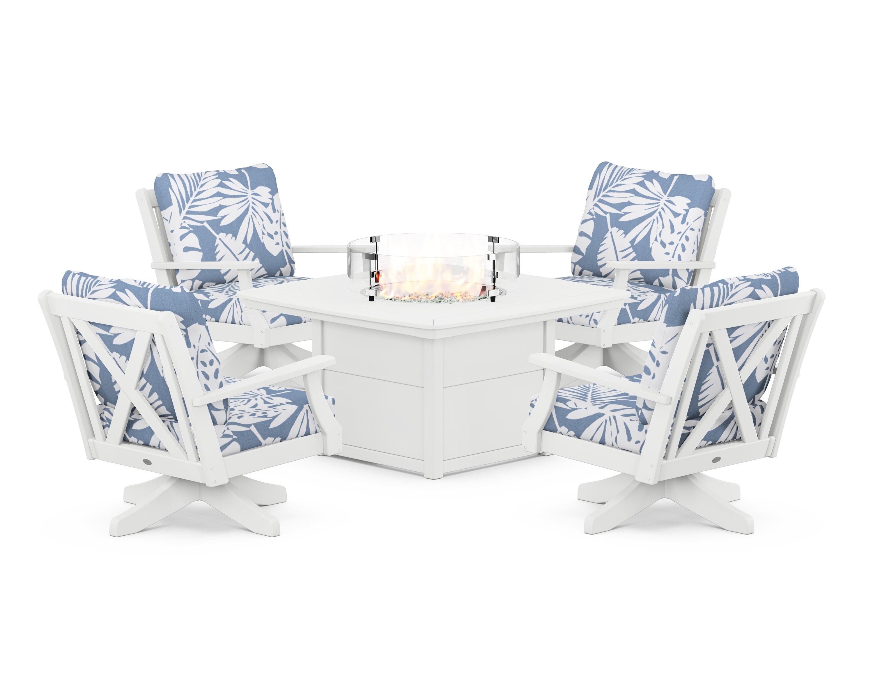 POLYWOOD® Braxton 5-Piece Deep Seating Swivel Conversation Set with Fire Pit Table in White / Leaf Sky Blue