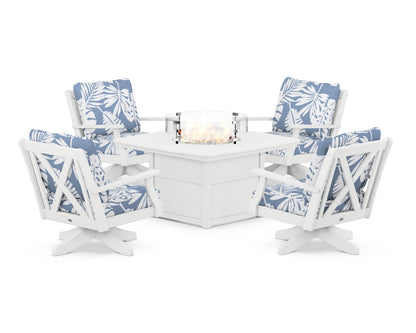 POLYWOOD® Braxton 5-Piece Deep Seating Swivel Conversation Set with Fire Pit Table in White / Leaf Sky Blue