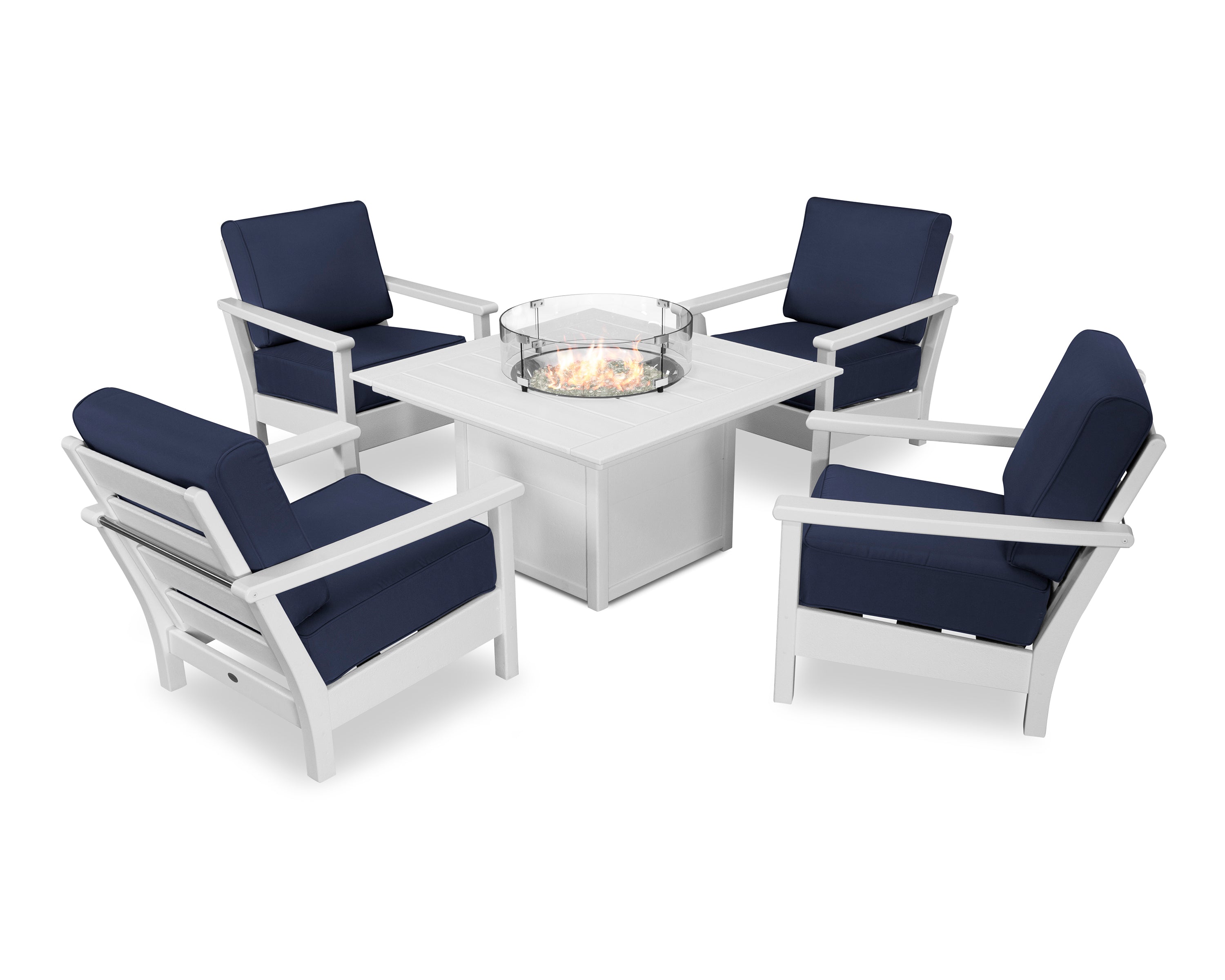 POLYWOOD® Harbour 5-Piece Conversation Set with Fire Pit Table in White / Navy