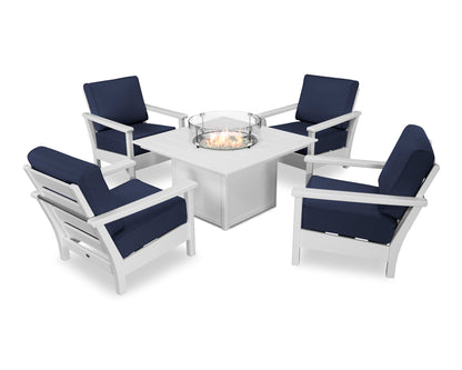 POLYWOOD® Harbour 5-Piece Conversation Set with Fire Pit Table in White / Navy